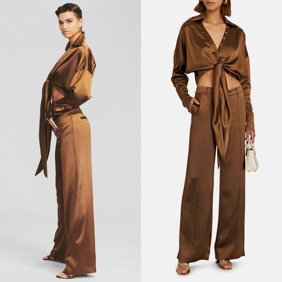NWT RETROFETE Cognac Satin Low Rise Wide Leg Tailored Eliza Trousers M - Picture 2 of 9
